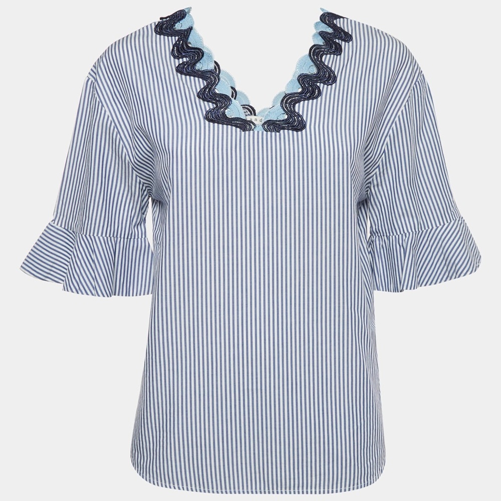 Sandro Blue and White Flutter Sleeve Blouse
